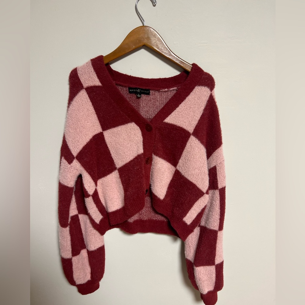 Almost Famous. Size Large. Checkered pink  and raspberry cropped cardigan.